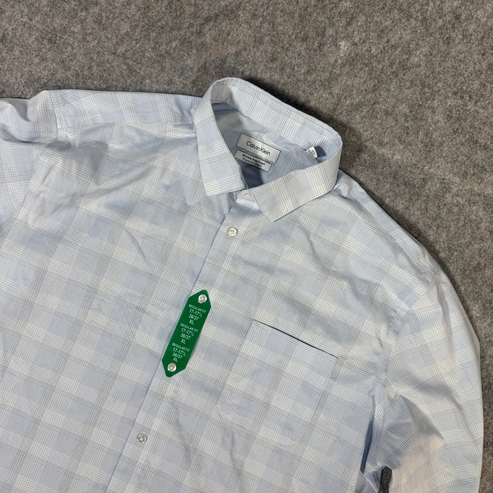 Calvin Klein Mens XL 17 17.5 36/37 Regular Fit Stretch Blue Plaid Dress Shirt